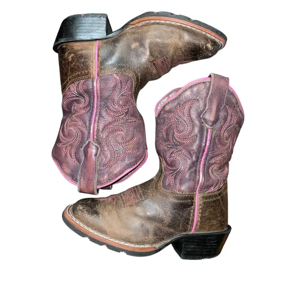 Distressed Leather Cowboy Boots Kids size 10 Square Toe